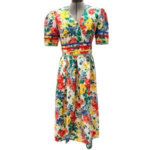 Maggie Boutique 100% Cotton V-Neck Floral Multicolor Dress With Ribbon Detail 10